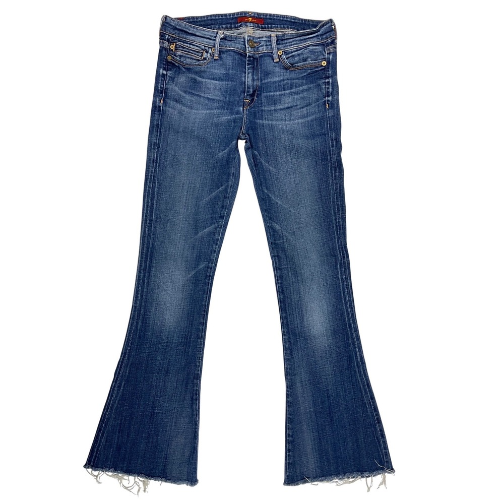 7‎ For All Mankind Distressed Flare Jeans Size 28 Medium Wash Raw Hem